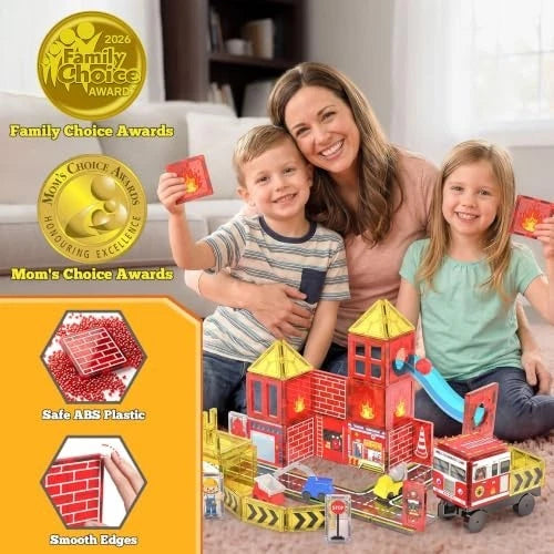 Magnetic Fire Truck Building Set - STEM Magnet Blocks for Kids 4-8, Creative Pla