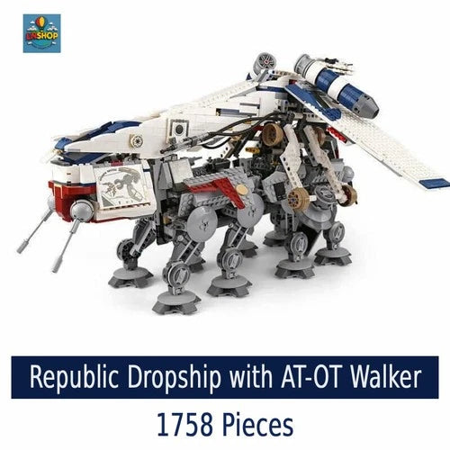 MOC Star Wars Republic Brick Dropship With AT-OT Walker Building Set 1758 PCS