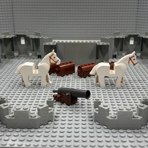 MEOW Castle VINTAGE Light Gray : 44 Piece Lot : Turrets + Horses +Cannon +More