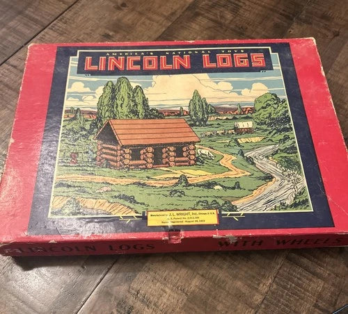 Original Lincoln Logs 56 Piece Log Cabin Set No.1 W/Wheels & Original Box 1923