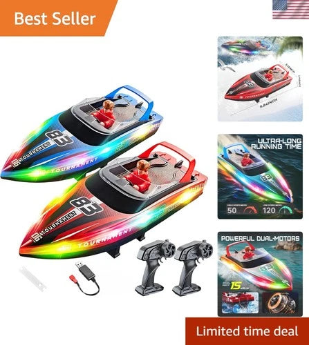 Vibrant 10-Inch RC Boats for Kids - 2-Pack, Flashing Lights & Speed up to 15 KPH