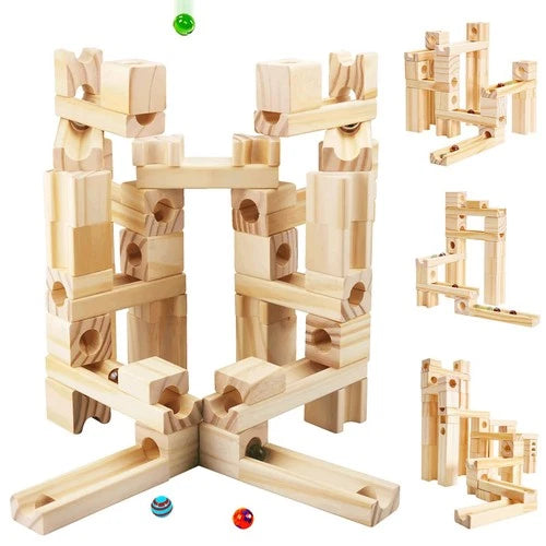 Wooden Marble Run for Kids Ages 4-8, 60 Pieces Wood Building Blocks Toys and ...
