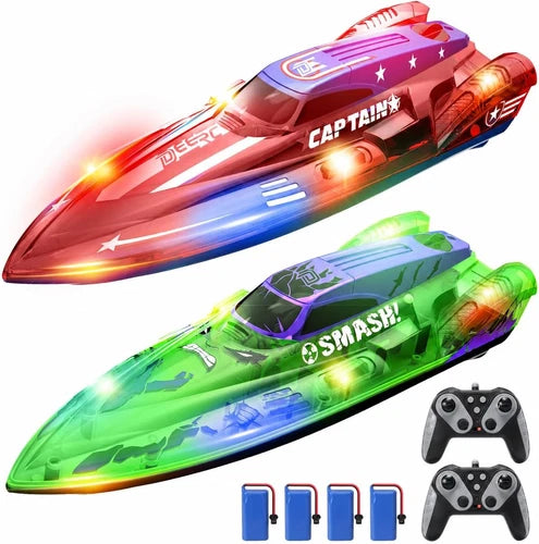 2 Pack 13 Inch Remote Control Boat for Kids, 4 Batteries, LED Lights