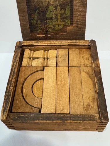Antique Architectural German Building Blocks Slide Top Wooden Box