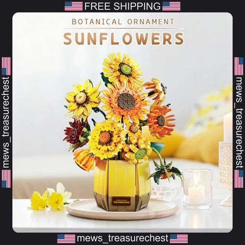 Sunflower Building Blocks Set for Adults, 1328 Pieces, DIY Flower Bouquet