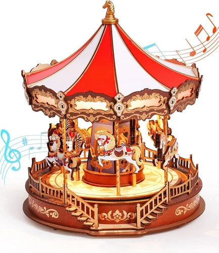 Rolife Wooden 3D Puzzles DIY Carousel Music Box with Lights Model Building Kit