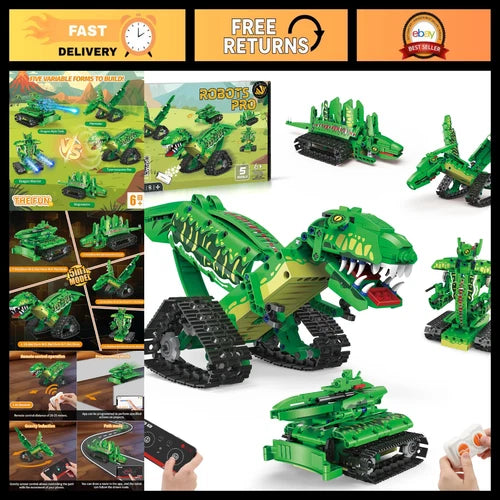 5-in-1 Dinosaur Toy Building Set for Kids 6-12, Remote Control & APP, STEM Gift