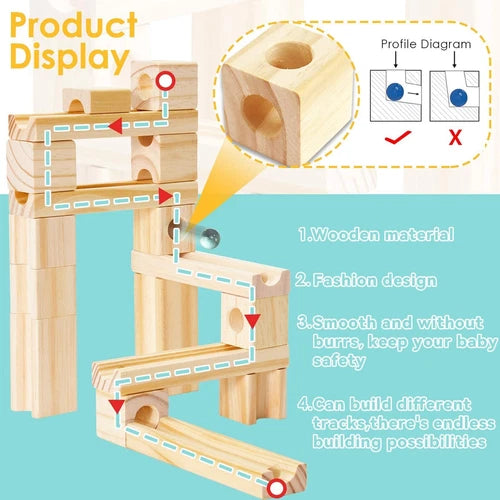 Wooden Marble Run for Kids Ages 4-8 80 Pieces Wood Building Blocks Toys and ...