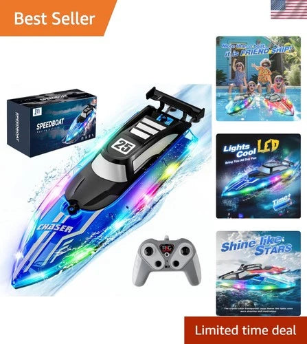 RC Boat for Kids with LED Lights, 2.4Ghz Remote Control Racing Boats for Ages...