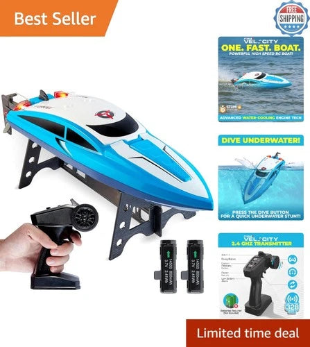 High-Speed Velocity Blue Mini RC Boat - Rechargeable Fun for Pools & Lakes