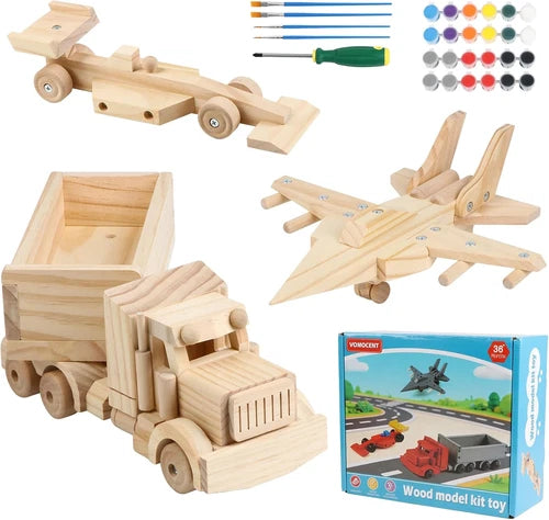 VOMOCNET 3 Pack DIY Wooden Model Building Kit, Includes Fighter Jet, Truck, Race