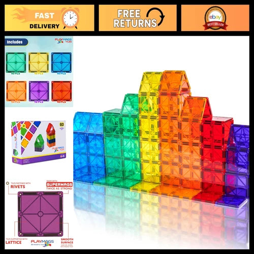 60-Piece 3D Magnetic Tiles Set - Super Strong, Safe STEM Building Blocks for Kid