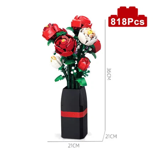New Red Rose Vase Building Blocks Flower Bouquet Plant Botanical Decor Set