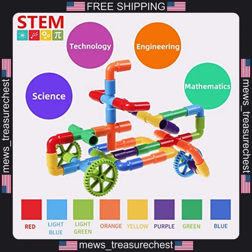 Kids STEM Building Set 188 Pcs Water Pipe Blocks with Wheels & Baseplate