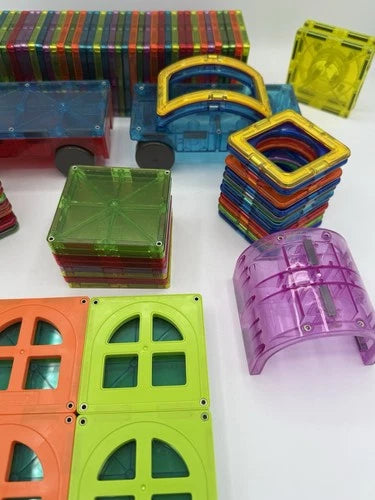 Large Magnetic Building Tiles Lot Squares Triangles Windows Cars Excellent