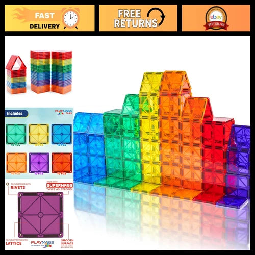 60-Piece 3D Magnetic Building Tiles Set - Super Strong, STEM Educational Blocks,