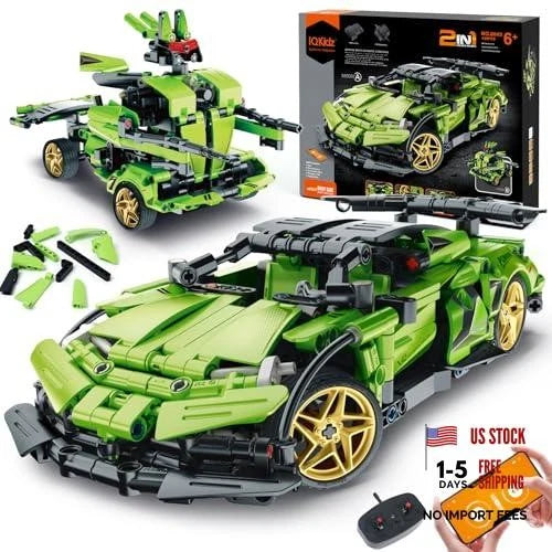 STEM Building Blocks Kit for Kids - 2 in 1 Remote Control Race Green Race Car