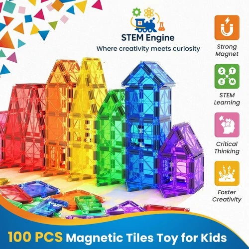 100 Pc Magnetic Tiles Building Blocks Set for Kids Magnet Tiles