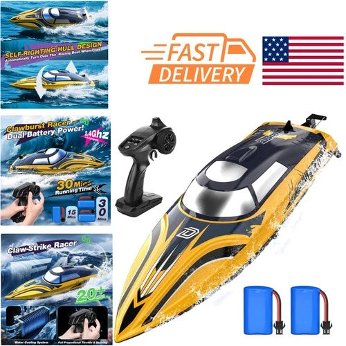 Battery Powered RC Boat 14 Inch Yellow with Remote and Dual Lithium Batteries