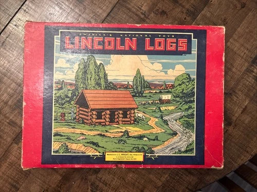 Original Lincoln Logs 56 Piece Log Cabin Set No.1 W/Wheels & Original Box 1923