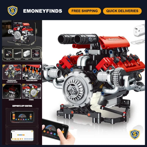 8-Cylinder V8 Engine Model Kit - STEM Building Blocks with Motor, LED & APP Cont