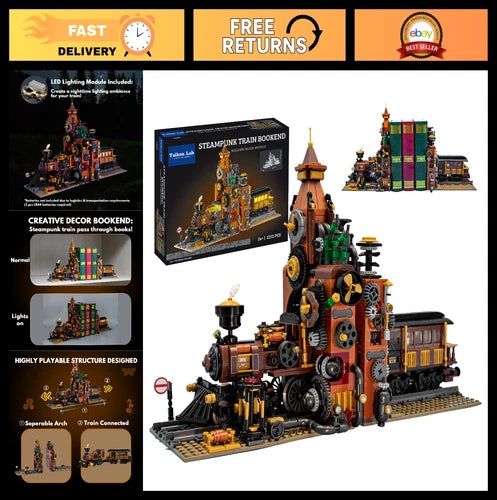 Steampunk Train Bookend Building Block Set, 1252pcs Creative Bricks with Light M