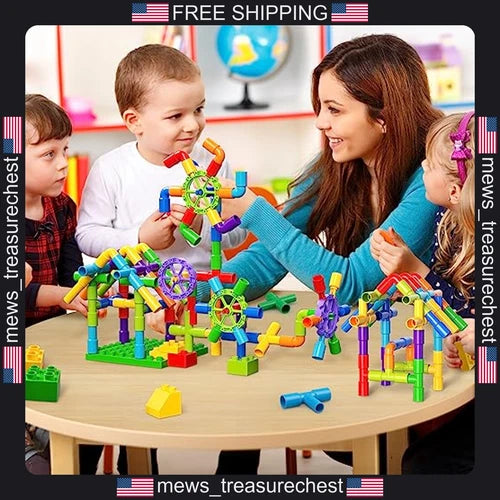 Kids STEM Building Set 188 Pcs Water Pipe Blocks with Wheels & Baseplate