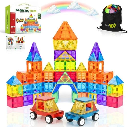 Magnetic Tiles 100 pcs with 2 Cars, STEM Building Blocks for Kids, Educationa...