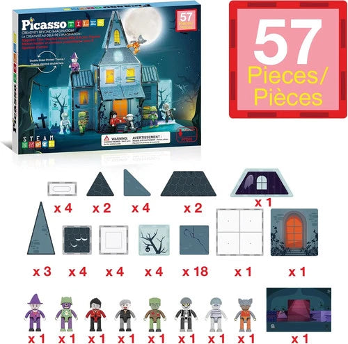 PicassoTiles 57 PCS Magnetic Tiles Halloween Haunted House STEM Set Ages 3+ 8
