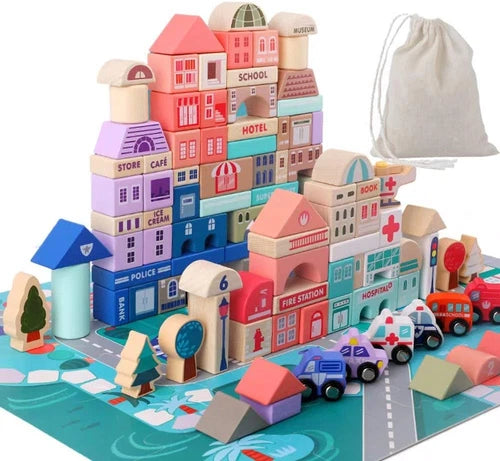 Wooden Building Blocks Set, 115 Pcs City Construction Stacker Stacking Preschool