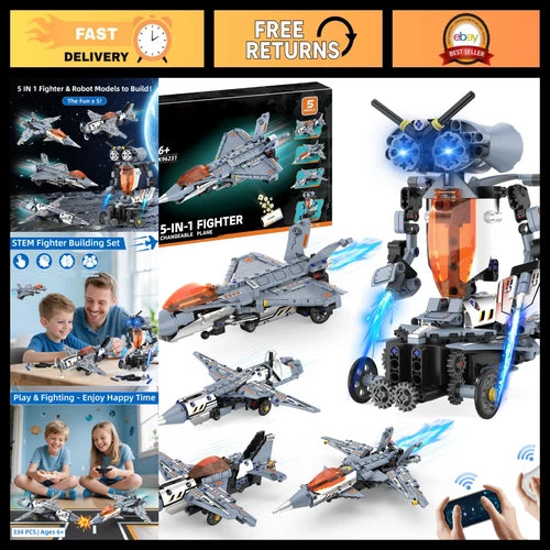 5-in-1 STEM RC Robot Building Kit, Transformable Fighter Jet with Remote Control
