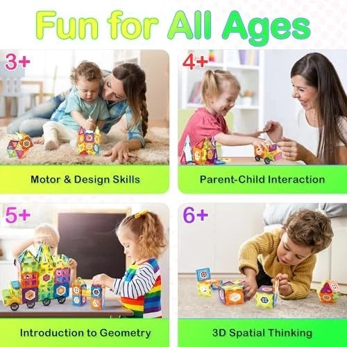 Magnetic Building Tiles Set - 112 PCS 3D STEM Construction Blocks for Kids 4-8
