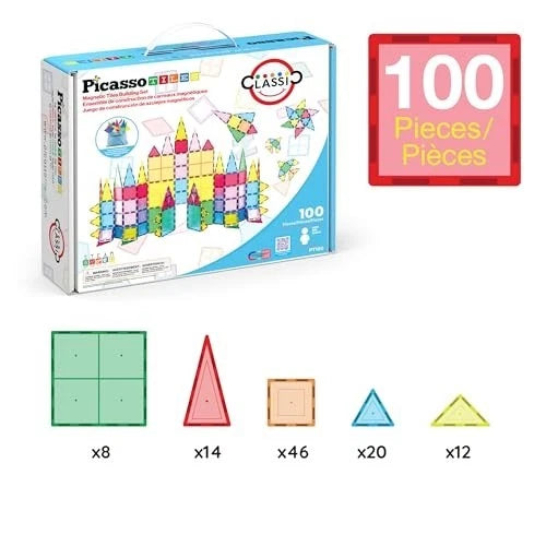 100-Piece Magnetic Building Tiles Set, Clear 3D Blocks for Kids Age 3+, STEM Toy