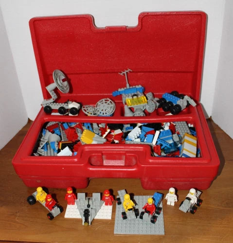 Vintage Lego Red Carrying Case w/ Legos included spaceman/astronaut, vehicles