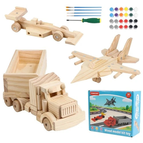 VOMOCNET 3 Pack DIY Wooden Model Building Kit, Includes Fighter Jet, Truck, Race