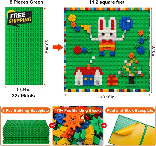 470+PC Building Block Wall Set 8PCS Self Adhesive Baseplates Green DIY