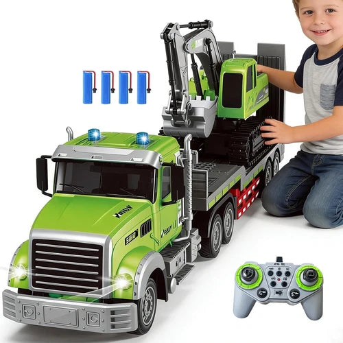 11 Channel RC Semi Truck & RC Excavator Toy Set, 1:12 Remote Control Flatbed Tru