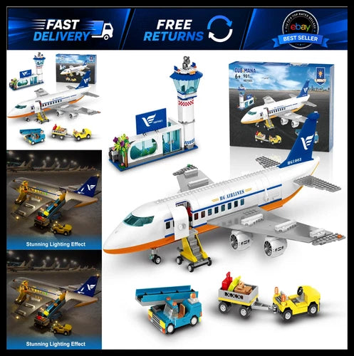 CUBIMANA 21-Inch Large City Passenger Airplane Building Set with LED Light