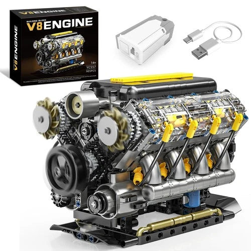 V8 Engine Model Kit - Running Mini Car Motor Building Blocks, STEM Toy 14+, 905
