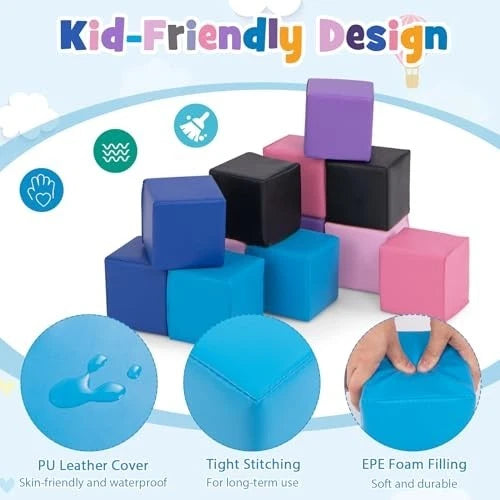 Foam Building Blocks 12 Piece 5.5 Inch Soft Play Cubes for Toddlers Stacking