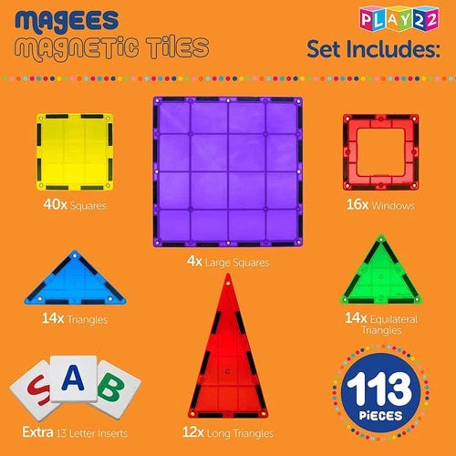 Play22 Magnetic Tiles Building Blocks - 113pcs - Learning By Playing 6015