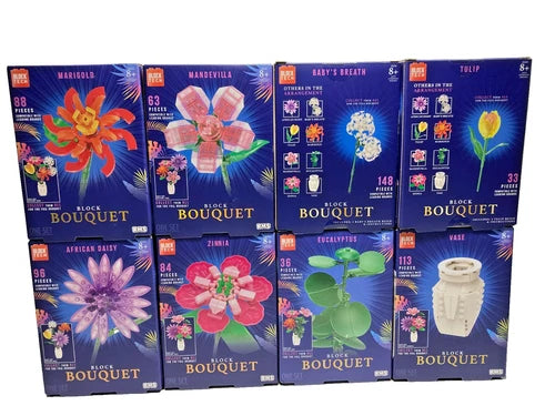 Block Tech Block Bouquet Complete Set of 8 With 7 floral sets & Vase 662 Piece