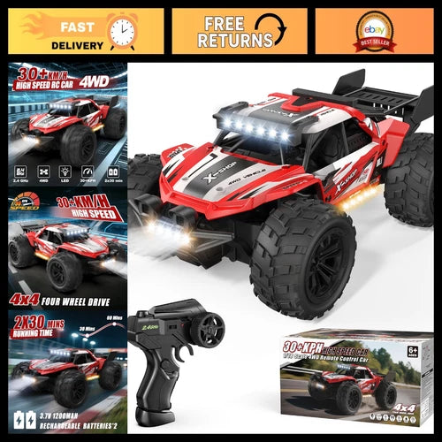 4WD High Speed Remote Control Car 30+KPH, 1:18 RC Monster Truck, 2 Batteries, LE