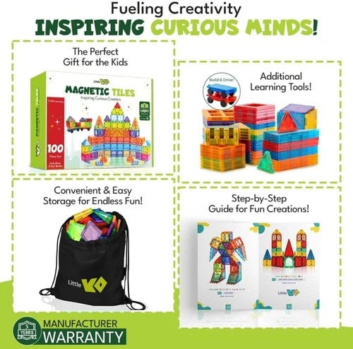 Magnetic Tiles 100 pcs with 2 Cars, STEM Building Blocks for Kids, Educationa...