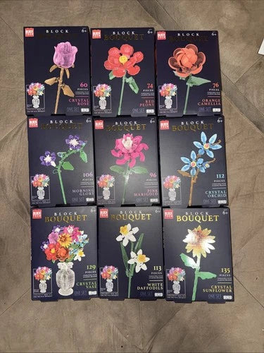 BLOCK TECH Flower Bouquet Complete Set Of 9 with Crystal Vase 2025 Series NIB