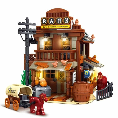 MOC Cowboy City Bank Modular Building Blocks set toys gift 1299 pcs with light
