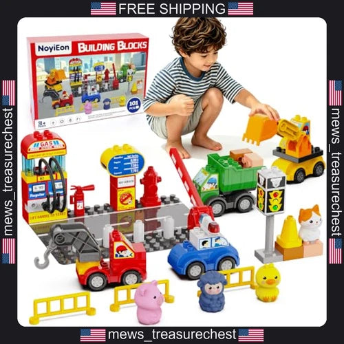 Building Blocks Set for Kids 3-6 with Gas Station & Traffic Scene