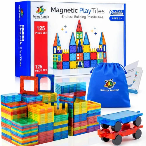 SUNNY AUNTIE Magnetic Tiles 125 PCS XL Set with Storage Bag – Magnetic Building