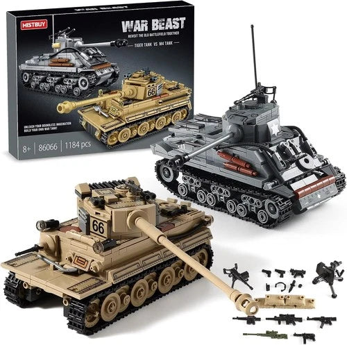 WW2 Tank Building Kit - Create Tiger I & M4 Sherman Models with 1184 Blocks