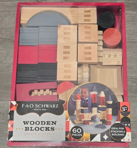 FAO Schwarz Solid Natural Wooden Blocks Wood Create a Castle 60 Pieces - New